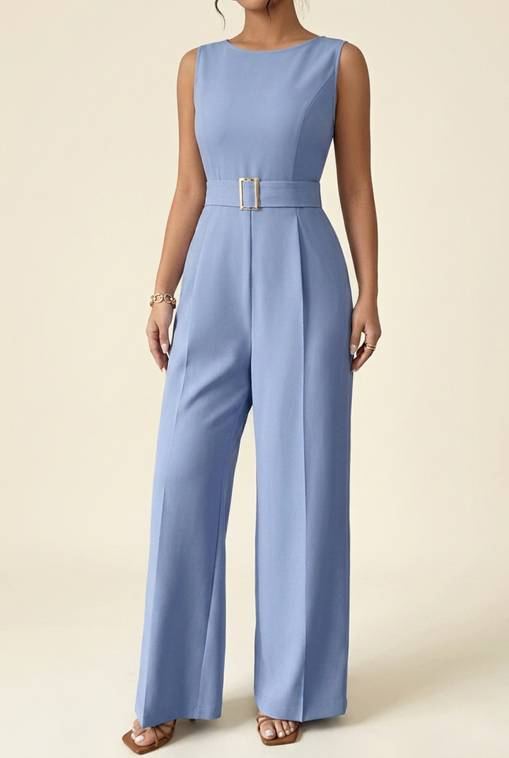 Wide Leg Jumpsuit with Metal Buckle Waist and Sleeveless Design for Women