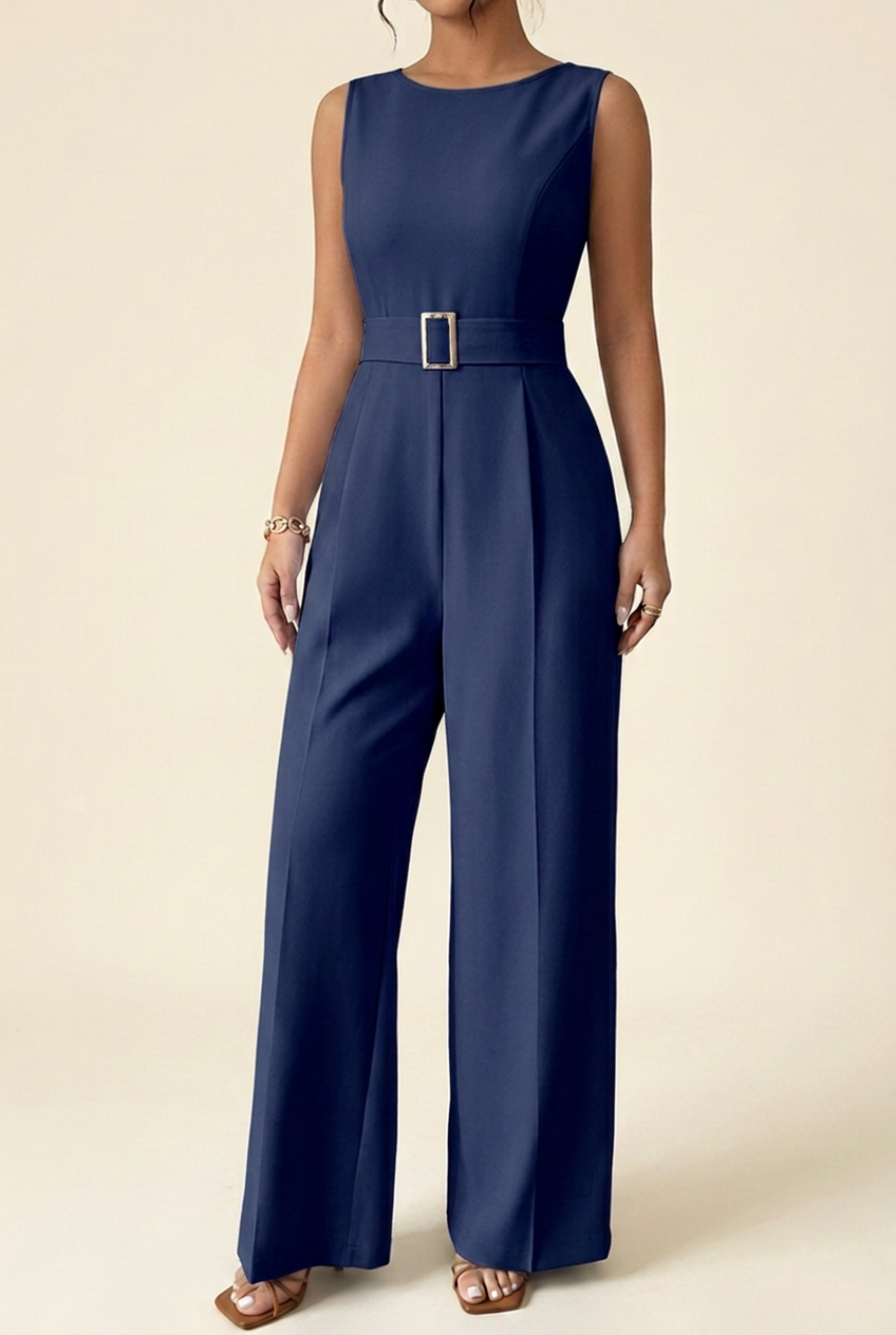 Wide Leg Jumpsuit with Metal Buckle Waist and Sleeveless Design for Women