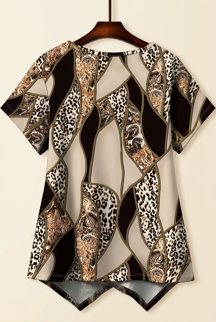 Marble Print Plus Size T Shirt with Asymmetrical Crossover Hem for Women