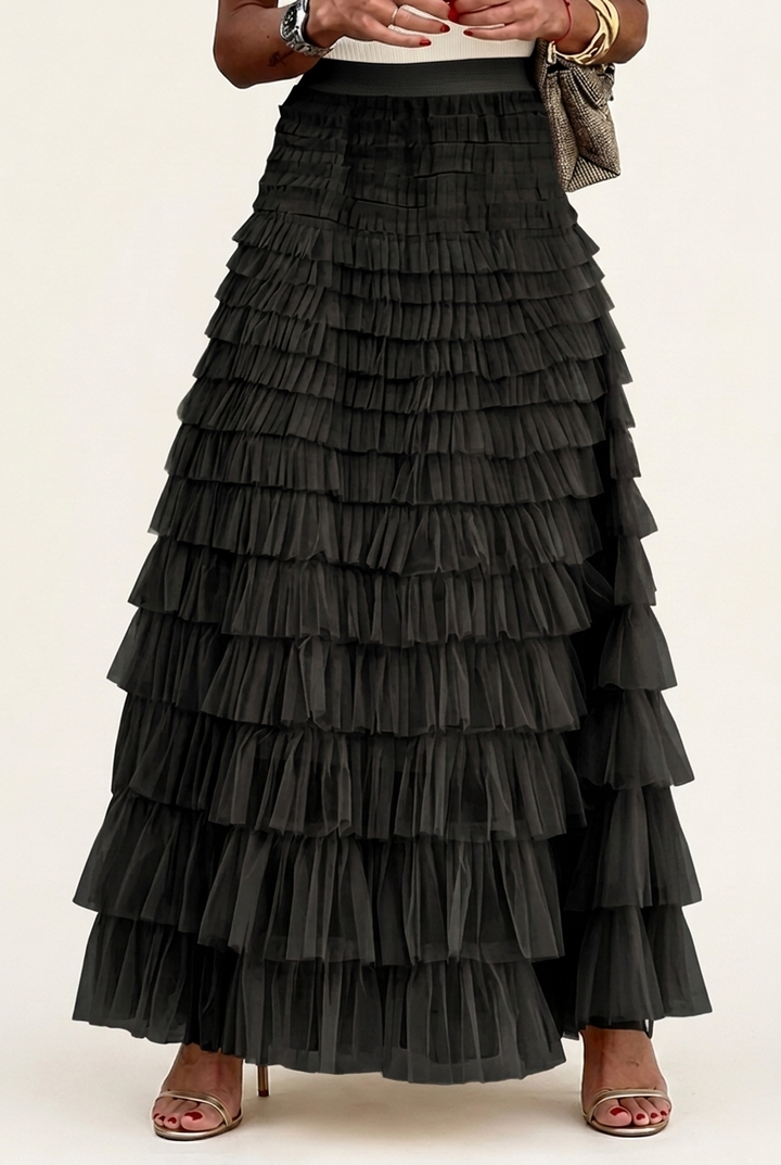 Layered Mesh Plus Size Skirt with Tiered Design for Party and Casual Wear