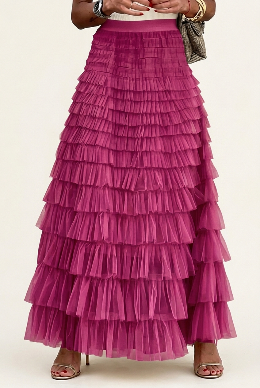 Layered Mesh Plus Size Skirt with Tiered Design for Party and Casual Wear