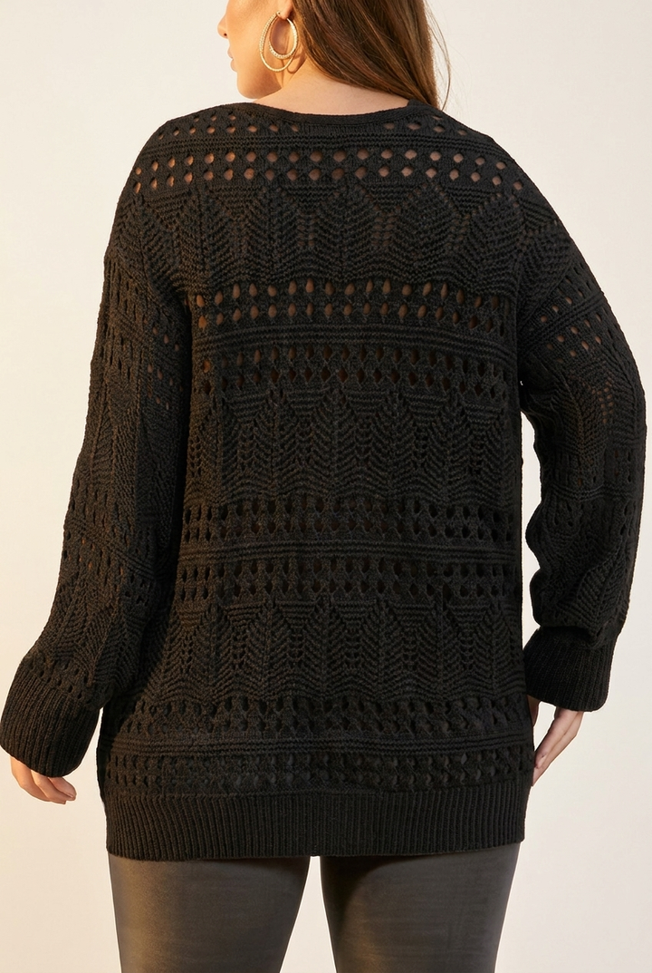 Semi Sheer Knit Plus Size Top with V Neck for Spring and Fall