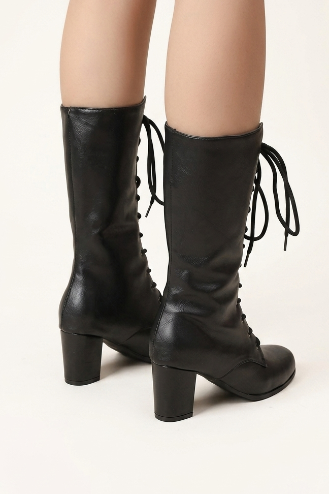 Lace Up Mid Calf Boots with Chunky Block Heel for Women