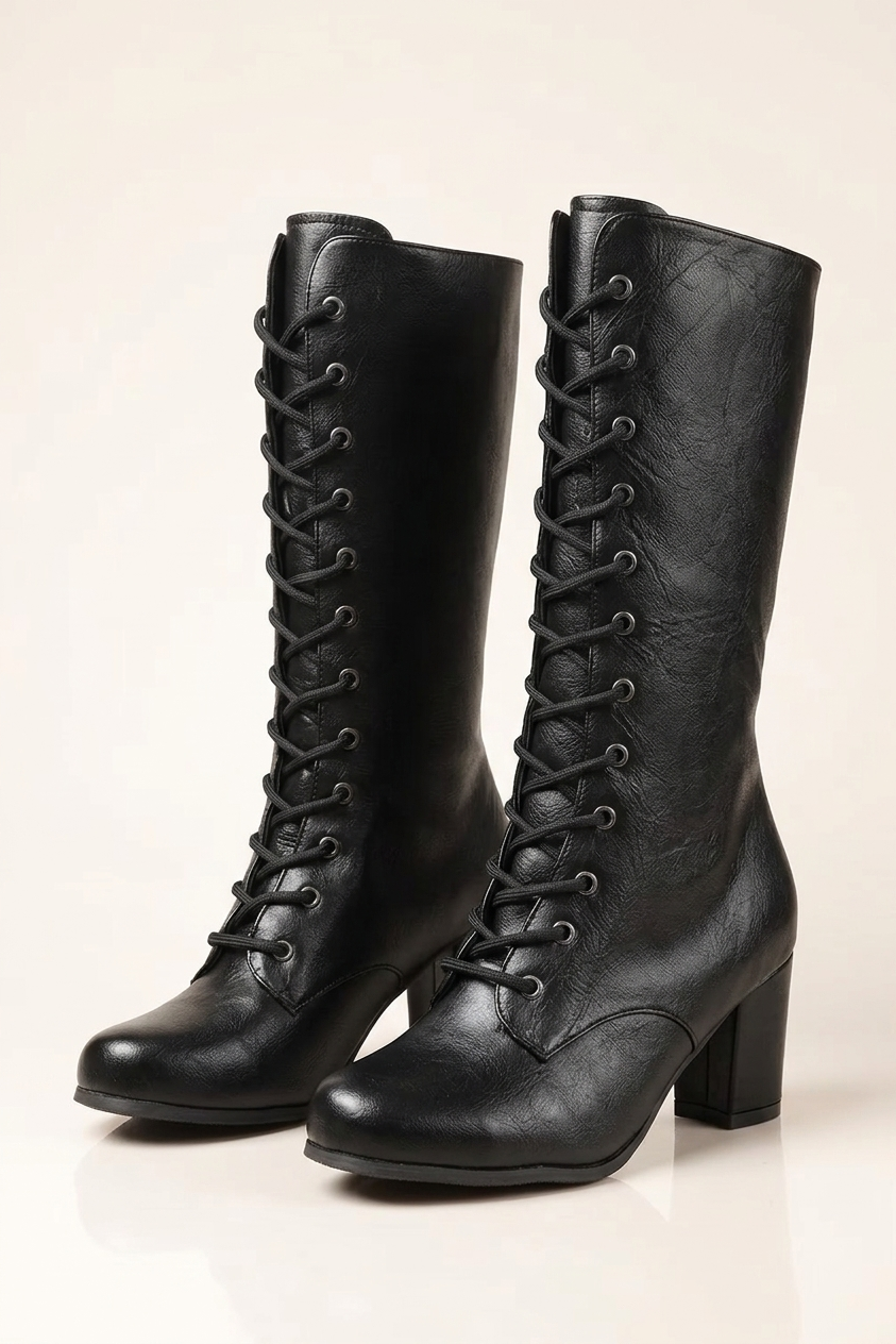 Lace Up Mid Calf Boots with Chunky Block Heel for Women