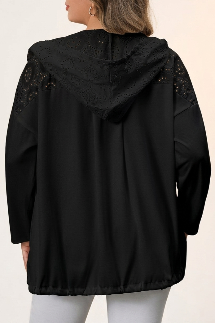 Hooded Plus Size Jacket with Lace Patchwork and Drawstring for Spring Fall