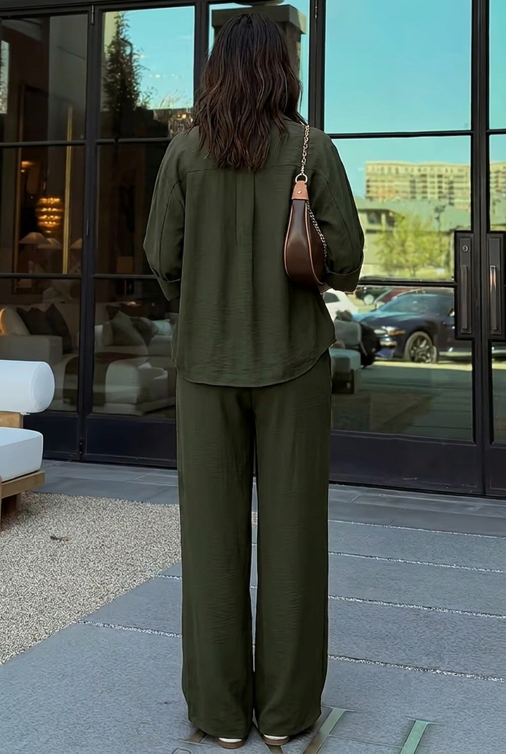 Drawstring Top and Wide Leg Pants Set for Women