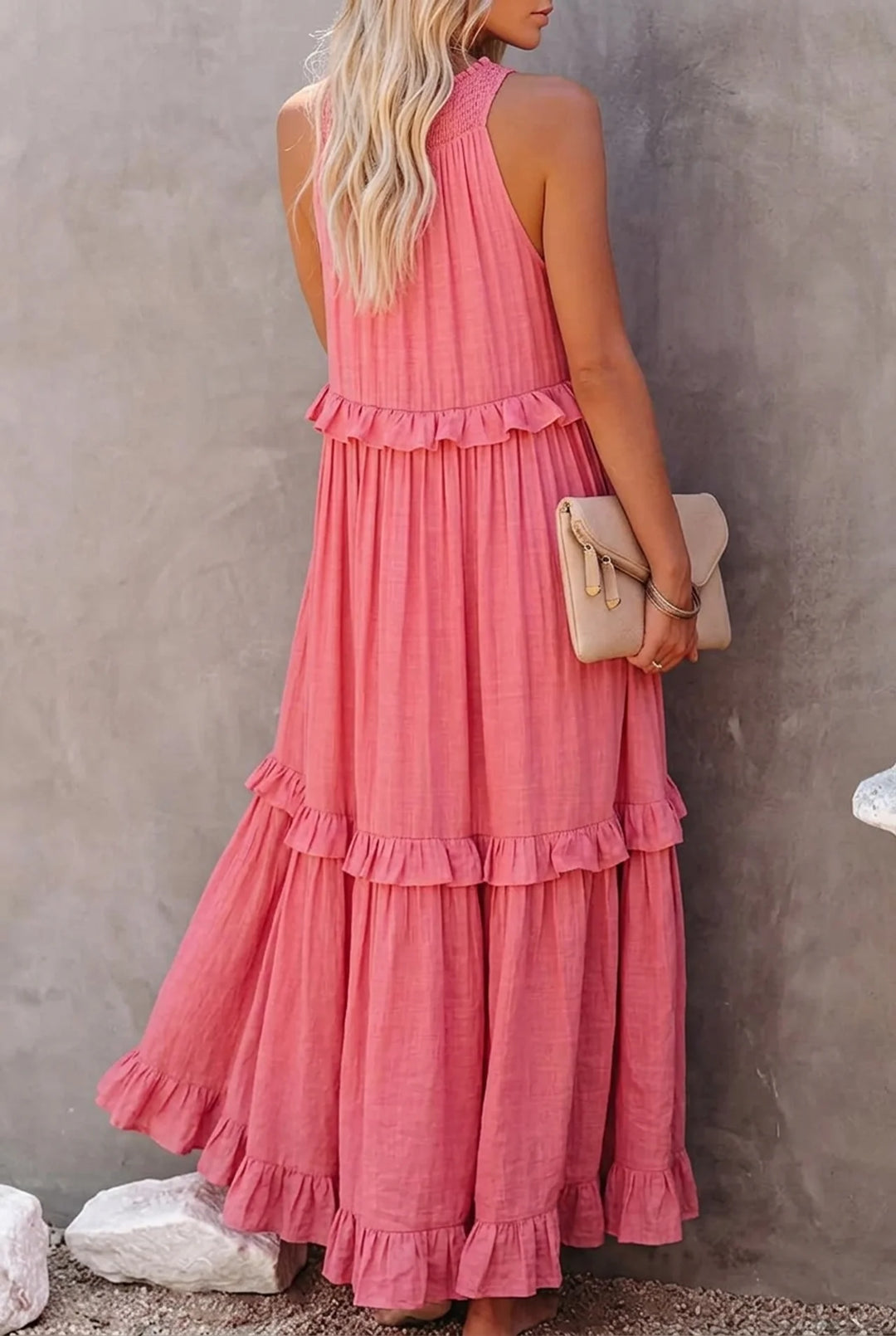 Lotus Leaf Trim Midi Dress with Ruffled Hem Detail