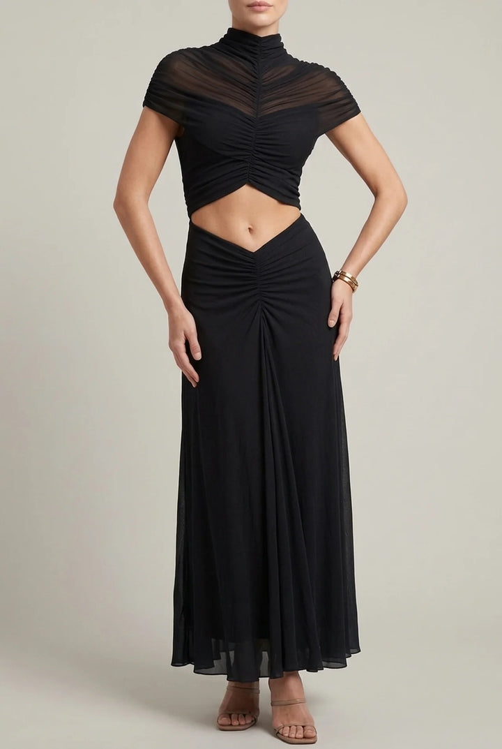 Hollow Out Bodycon Maxi Dress with Ruched High Waist