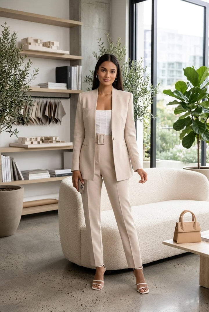 Tailored Blazer and Slim Pants Set with Belt