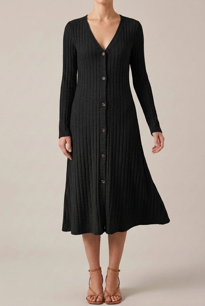 V Neck Midi Dress with Long Sleeves for Fall Winter