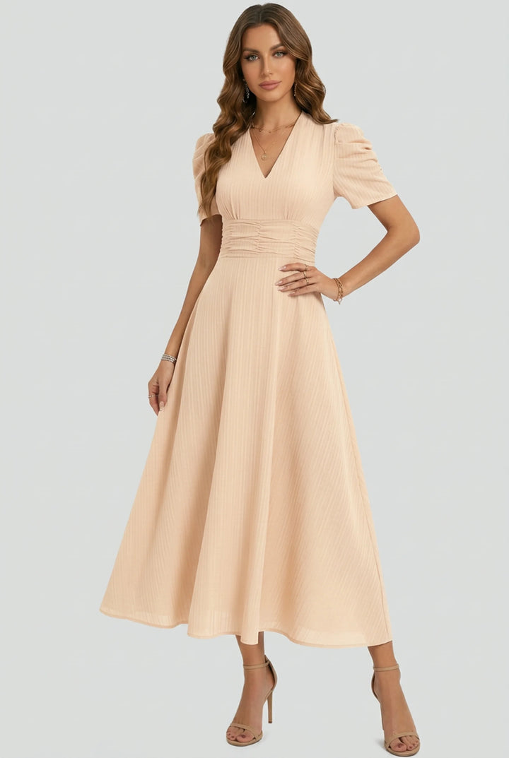 V Neck Midi Dress with Ruched Waist