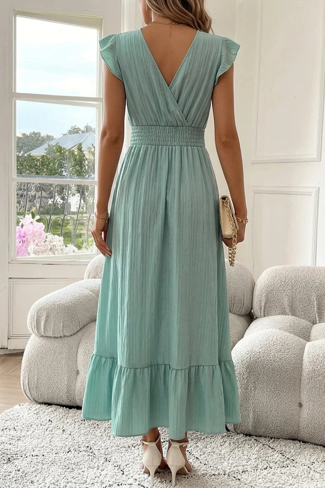Ruffle Sleeve Maxi Dress with Deep V Neck and Shirred Detail