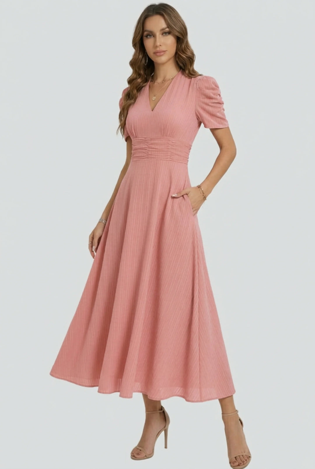 V Neck Midi Dress with Ruched Waist