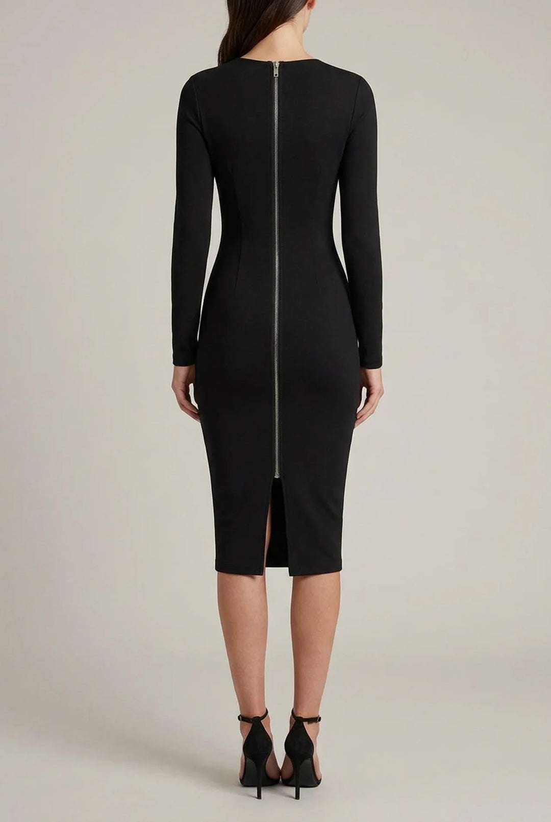 Zip Back Bodycon Midi Dress with Long Sleeves and Round Neck