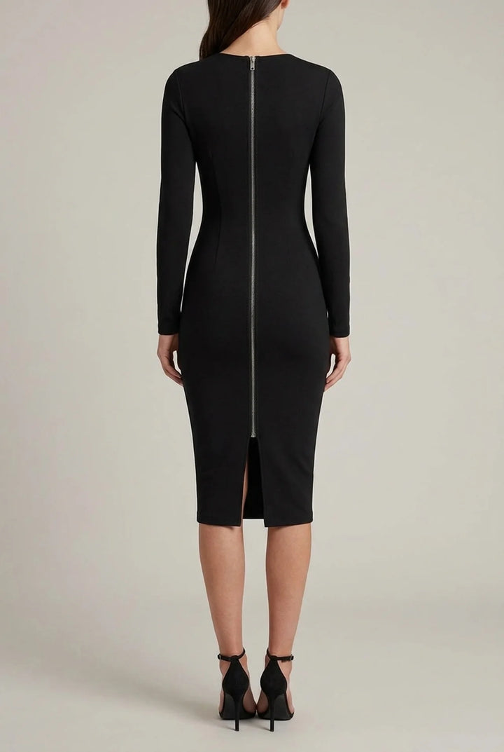 Zip Back Bodycon Midi Dress with Long Sleeves and Round Neck