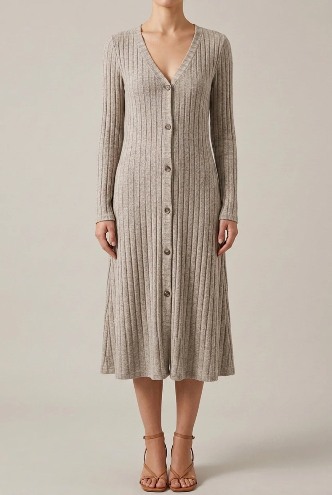 V Neck Midi Dress with Long Sleeves for Fall Winter