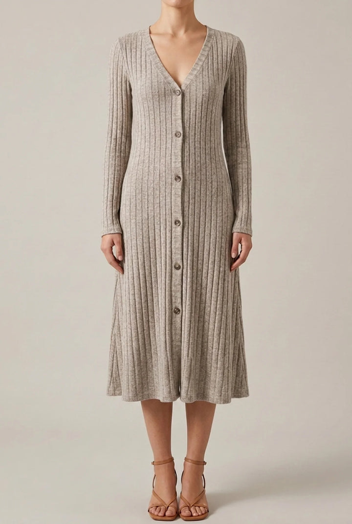 V Neck Midi Dress with Long Sleeves for Fall Winter