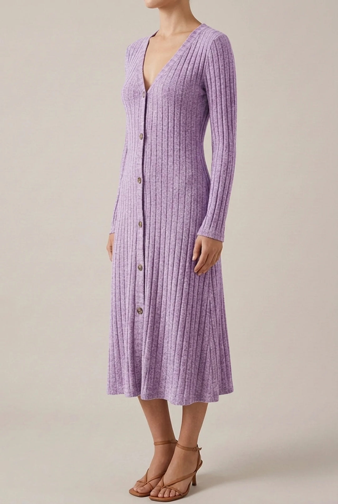 V Neck Midi Dress with Long Sleeves for Fall Winter