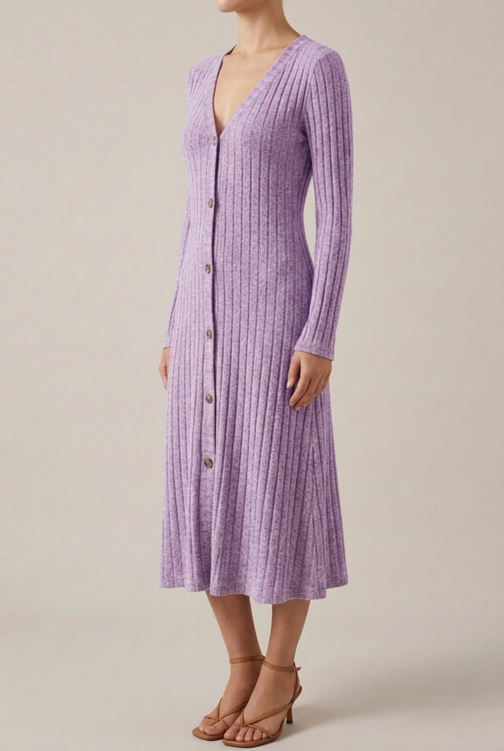 V Neck Midi Dress with Long Sleeves for Fall Winter