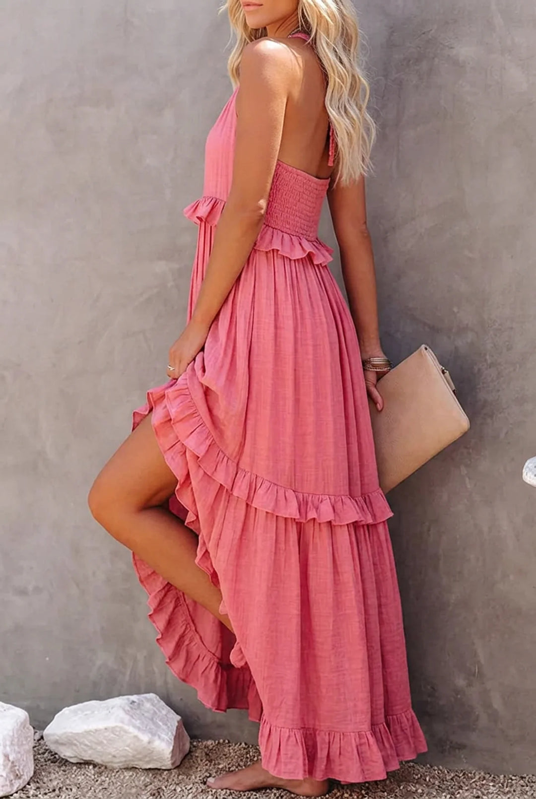 Lotus Leaf Trim Midi Dress with Ruffled Hem Detail