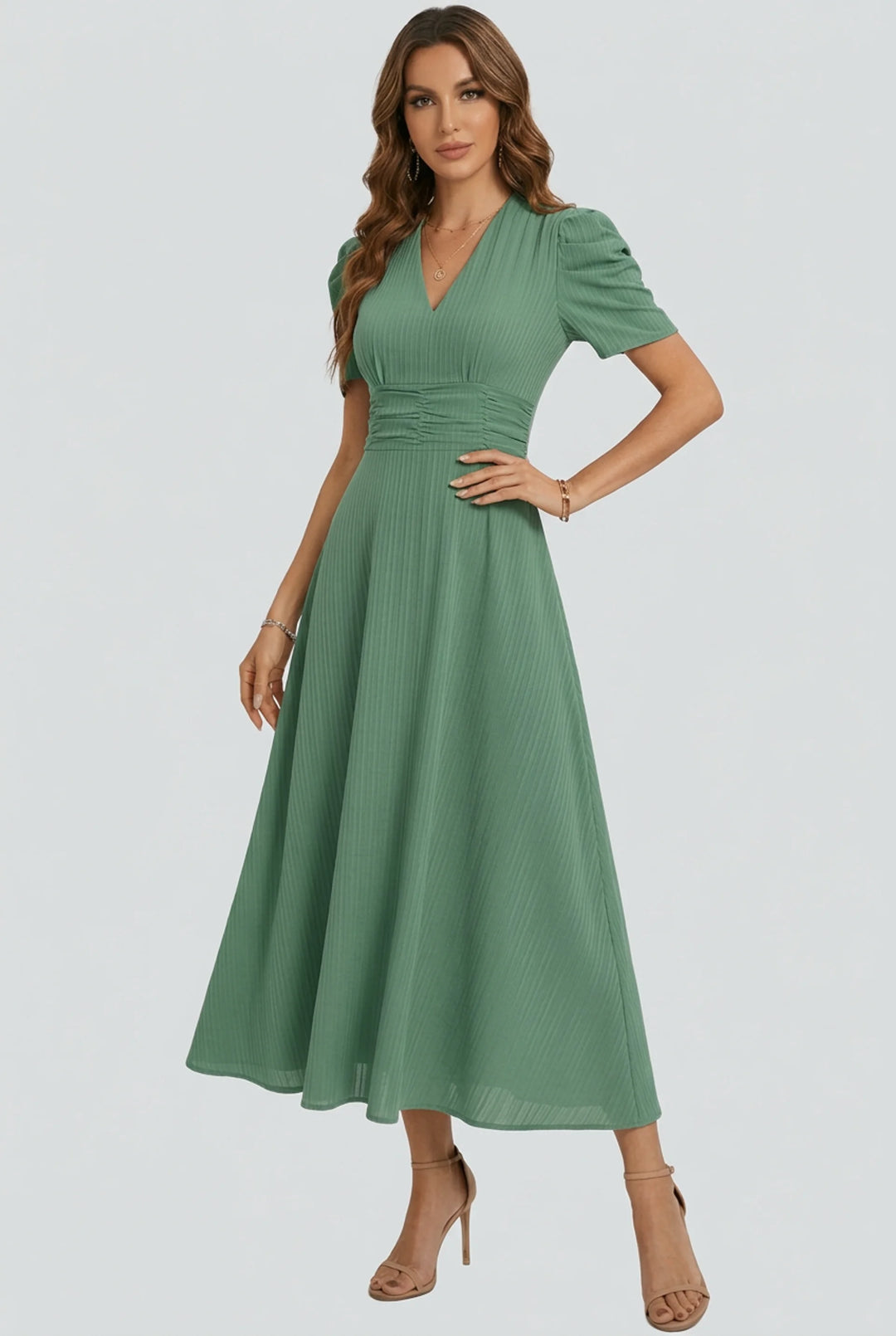 V Neck Midi Dress with Ruched Waist