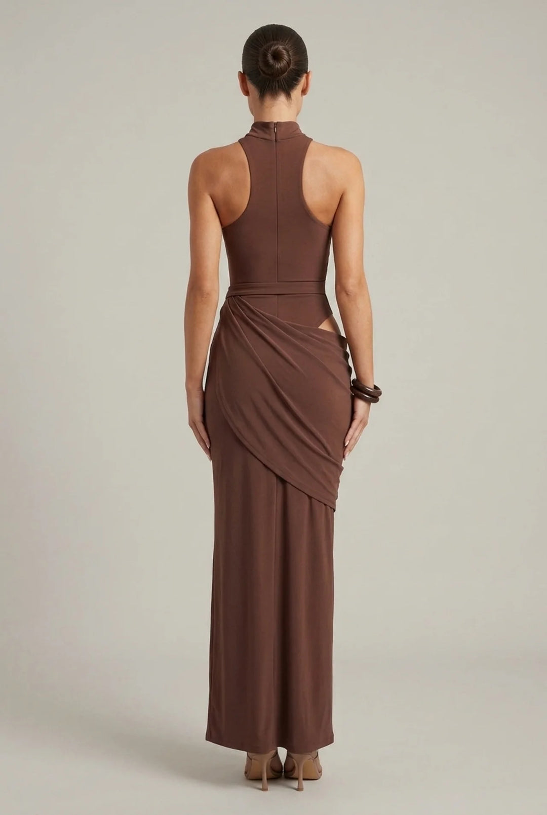 Satin Hollow Out Maxi Dress with Sleeveless High Waist Cut