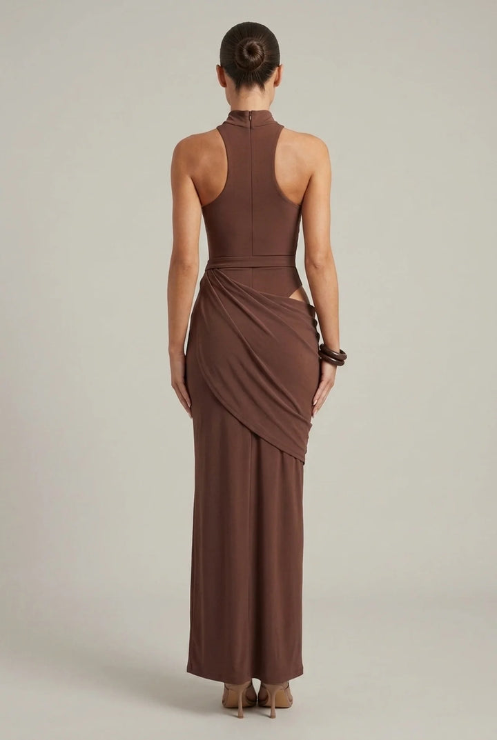 Satin Hollow Out Maxi Dress with Sleeveless High Waist Cut
