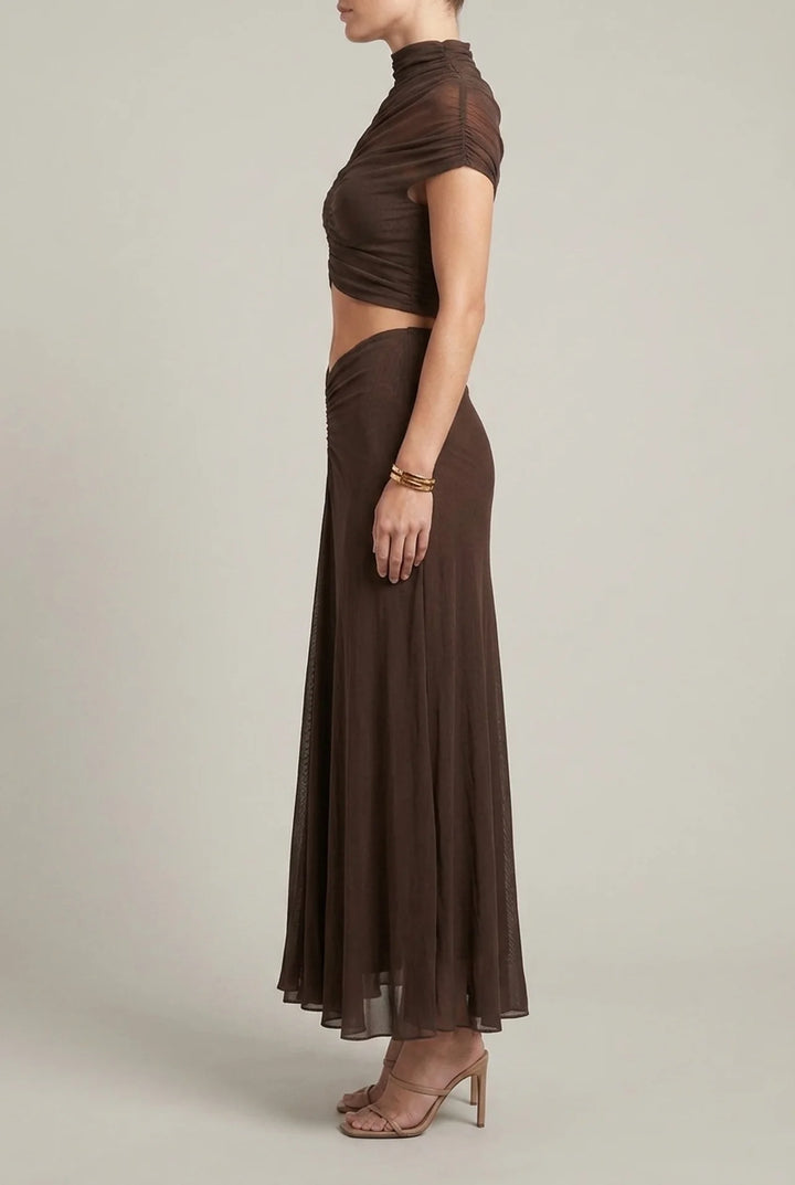 Hollow Out Bodycon Maxi Dress with Ruched High Waist