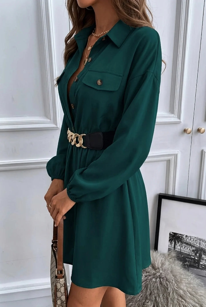Button Front Midi Shirt Dress with Puff Sleeves and A-Line Cut