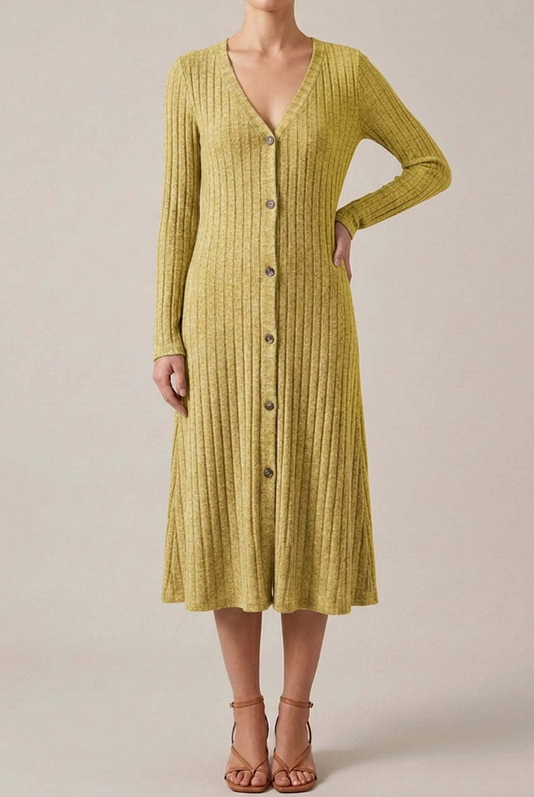 V Neck Midi Dress with Long Sleeves for Fall Winter