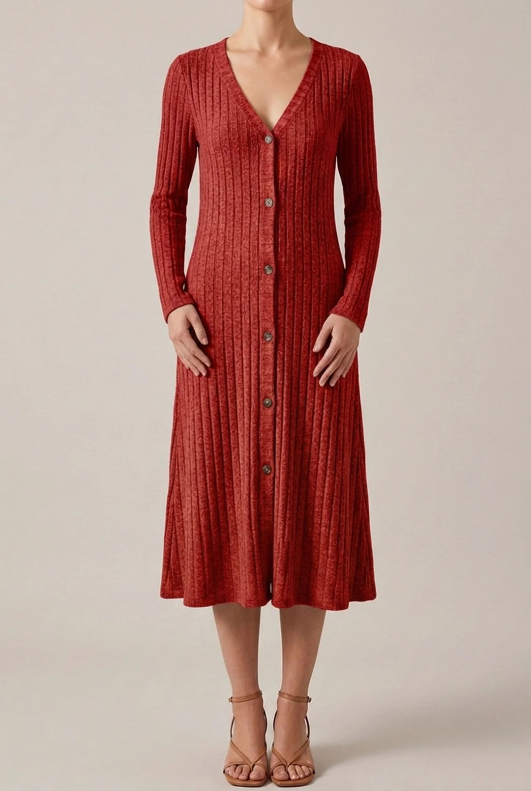 V Neck Midi Dress with Long Sleeves for Fall Winter