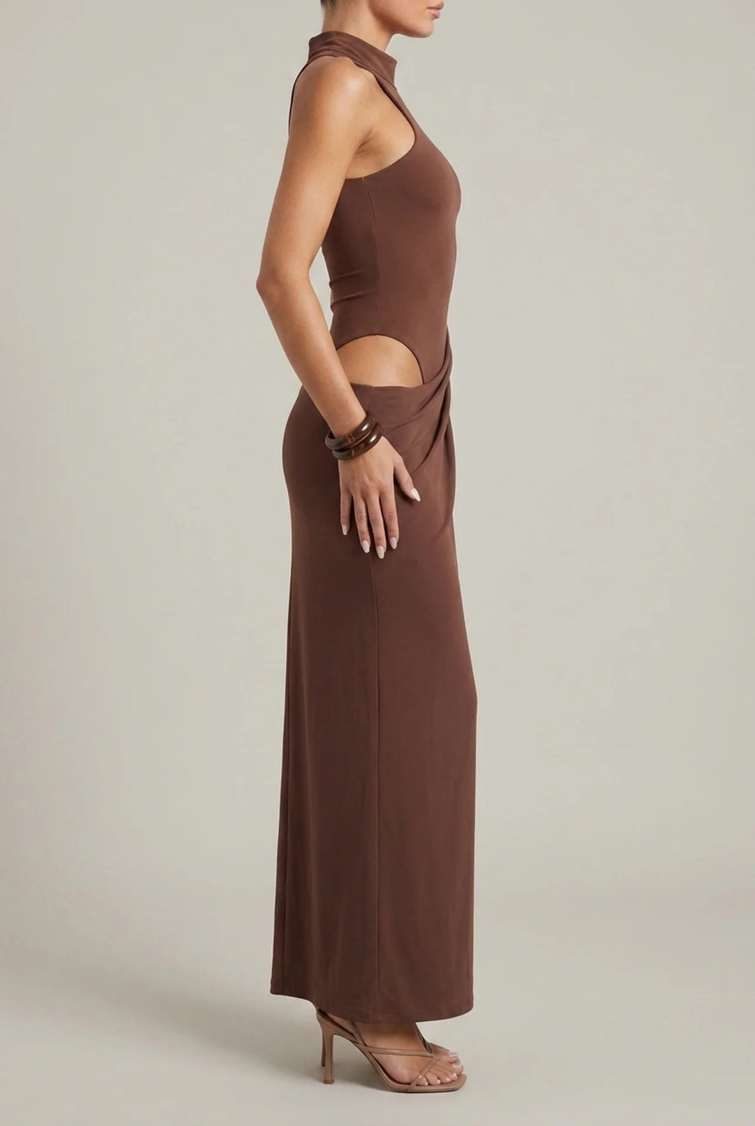 Satin Hollow Out Maxi Dress with Sleeveless High Waist Cut