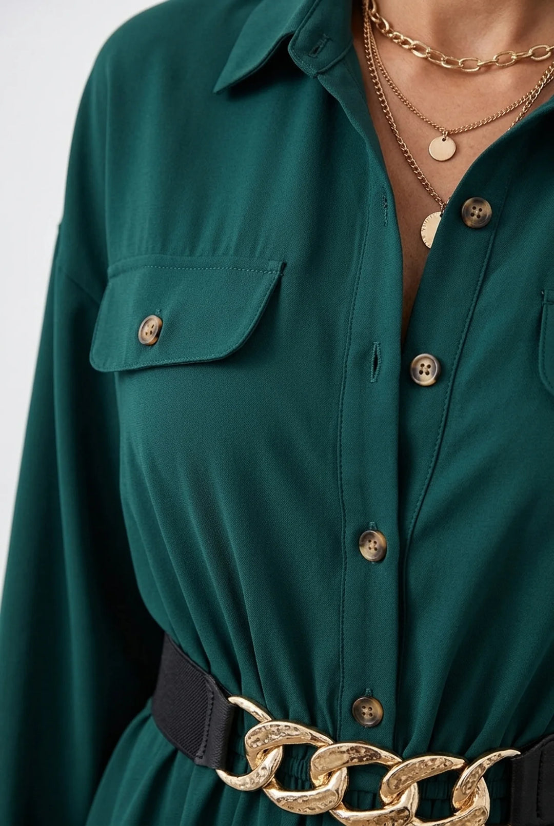 Button Front Midi Shirt Dress with Puff Sleeves and A-Line Cut