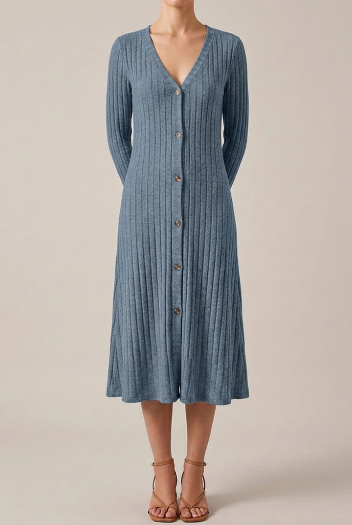 V Neck Midi Dress with Long Sleeves for Fall Winter